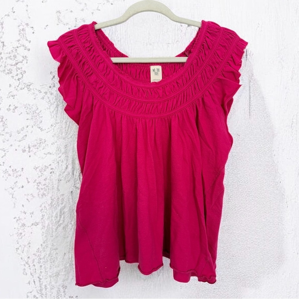 We The Free Fuchsia Ruffle Sleeve Embroidered Yoke Top Size S